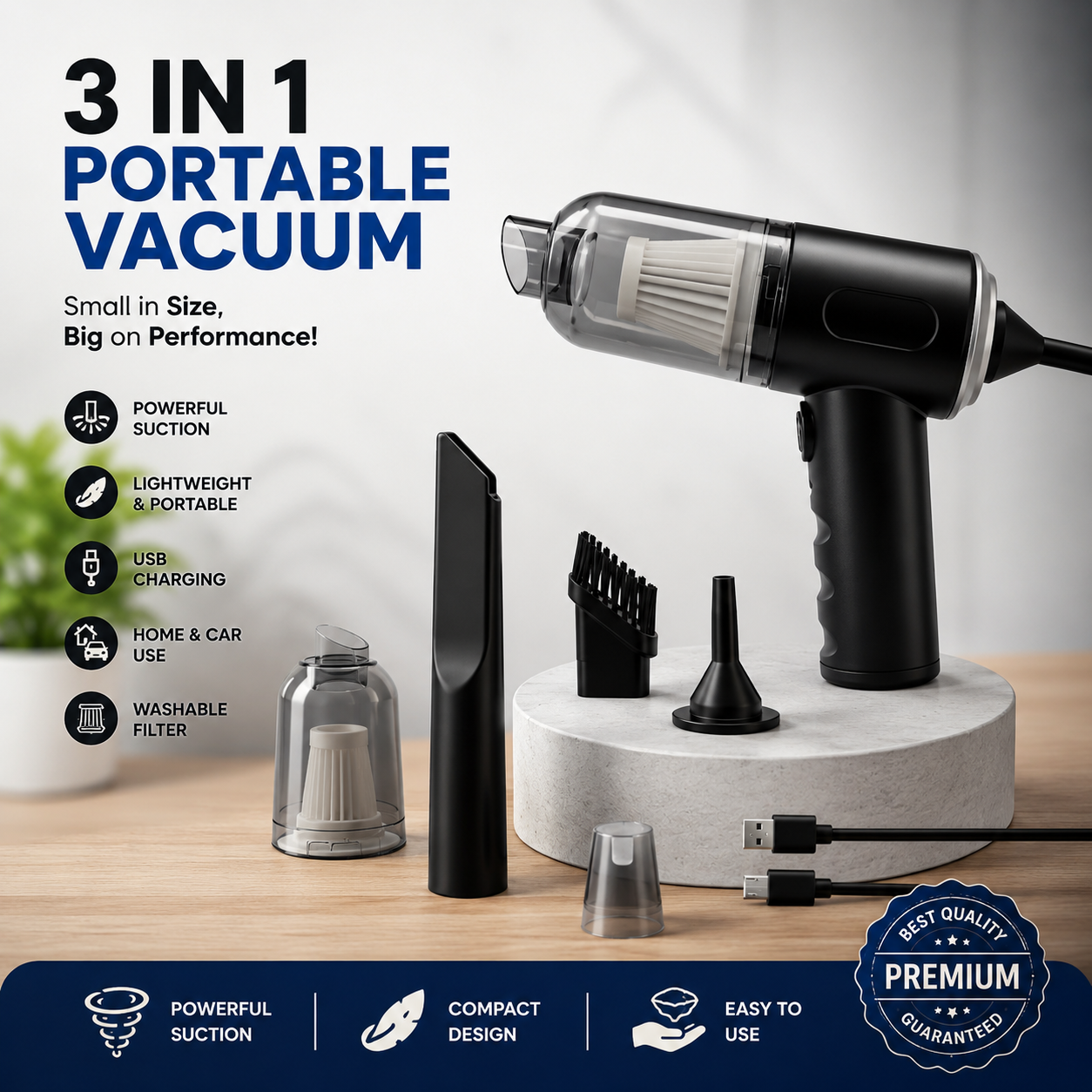 3-in-1 Portable Vacuum Cleaner with Attachments