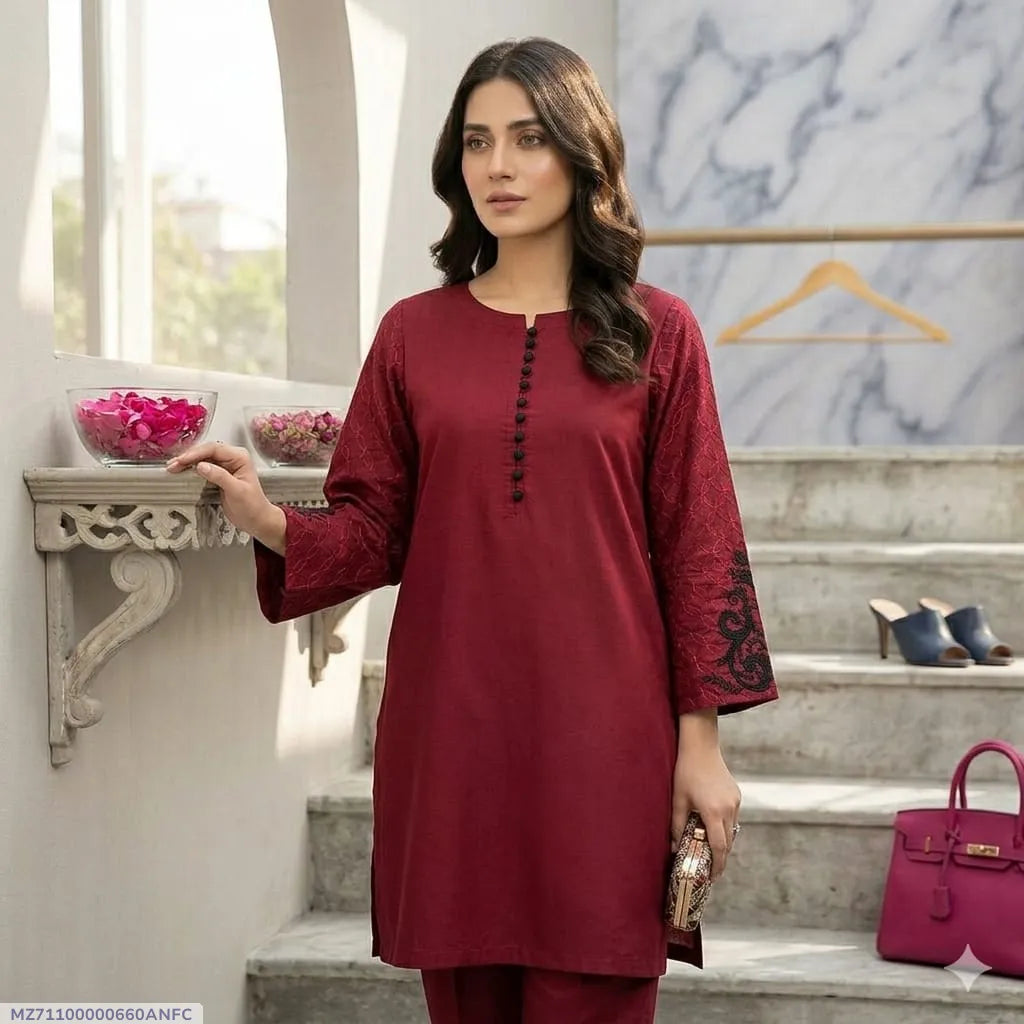 Women's Maroon Embroidered Kurta Set